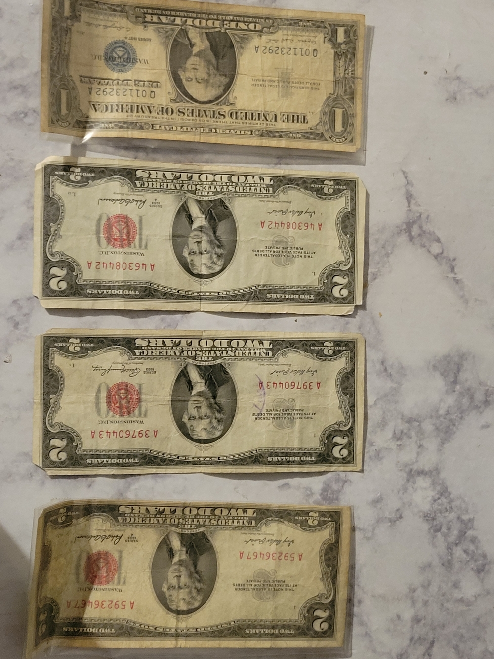 Vintage US Paper Currency - $2 and $1 Notes (Red Seals)